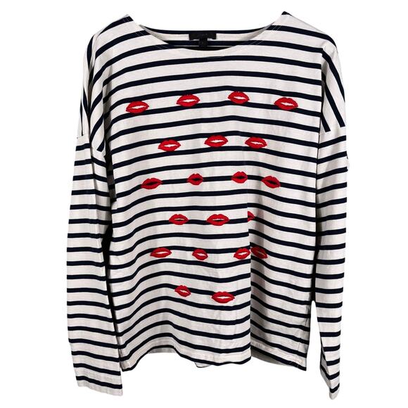 J. Crew Women's Large Stripe Embroidered Lips Kiss Long Sleeve Tunic Top Shirt - Picture 1 of 10